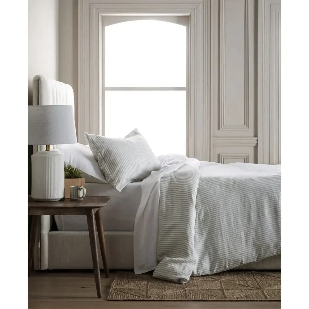 Quince 100% European Linen Stripe Duvet Cover • Full /Queen• Mist White $154